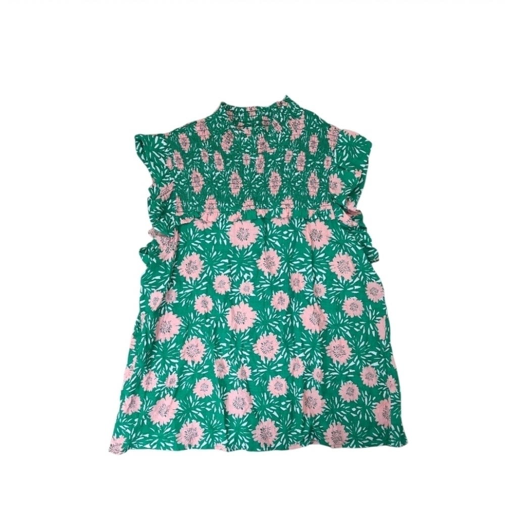 THML Smocked Flutter Sleeve Top Green Pink Floral Size Large